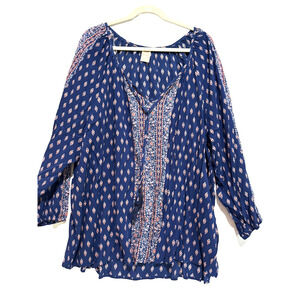 Peasant Boho Blouse Women's Plus Sz 26 4X Blue Floral Pullover Lightweight work